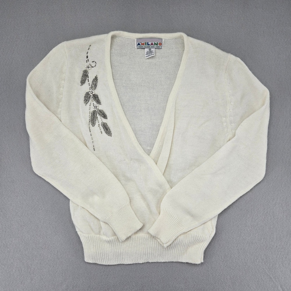 A'Milano Off White Beaded Pearl Embroidered V-Neck Wrap Sweater‎ M Y2K Vintage